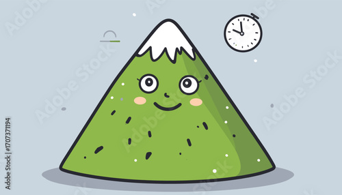 Cartoon mountain illustration with happy face and clock