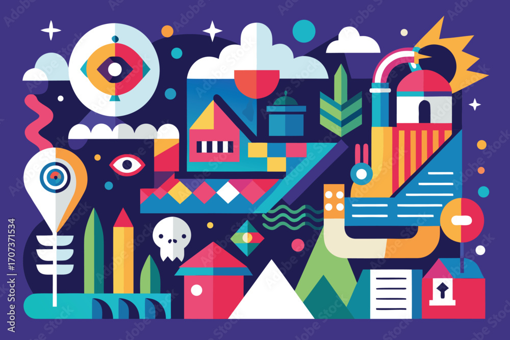 Obraz premium Abstract Geometric Landscape with Eyes and Buildings