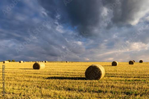 Fototapeta Haystack bale on a golden field landscape at sunset