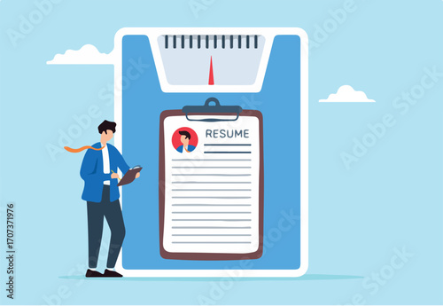 HR manager weighing resumes on scale evaluating job candidates fair recruitment weighing qualifications and experience