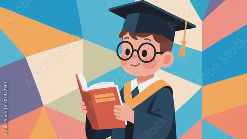 illustration of a child wearing glasses wearing a graduation gown reading a book vector design template