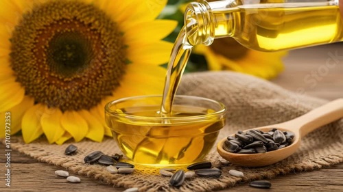 Pouring Sunflower Seed Oil with Seeds and Sunflowers. AI video