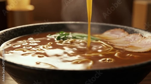 Hot Ramen Noodles with Thick Broth and Sliced Roast Pork. AI video