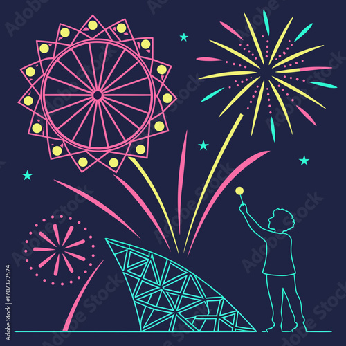 A child watches fireworks display near a ferris wheel and pyramid structure