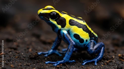 Bright Yellow and Blue Poison Dart Frogs in the Rainforest. AI video