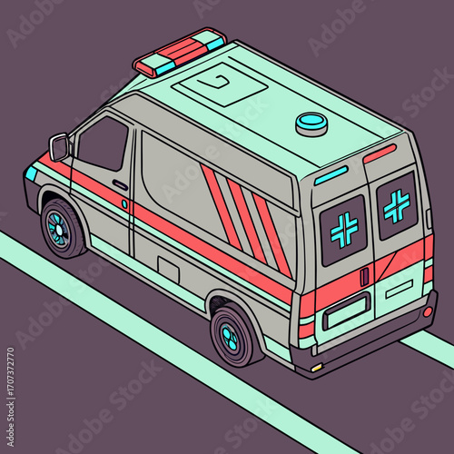 An ambulance with red stripes and blue lights on a gray road, isometric view