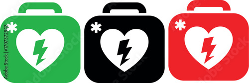 Defibrillator symbol in green black and red represents emergency medical equipment
