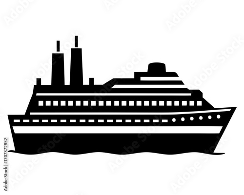 Silhouette of a cruise ship sailing on wavy water