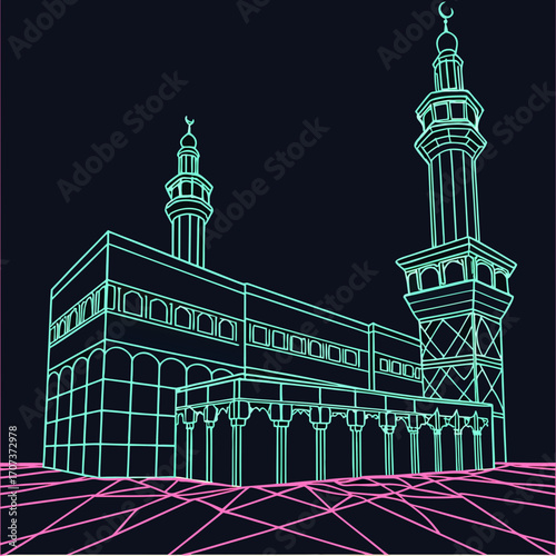 Cyberpunk style illustration of the kaaba in mecca with neon lines and grid