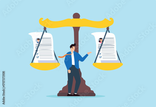 Vector illustration of HR manager weighing resumes on balance scale fair candidate evaluation balanced hiring decisions qualifications detailed assessment