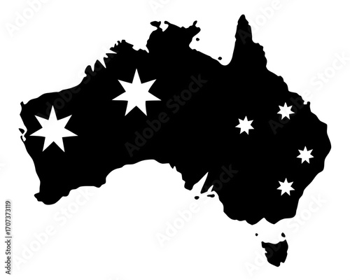 Black silhouette of the continent of australia with the southern cross constellation