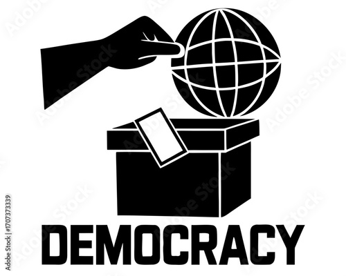 Black and white illustration of a hand dropping a ballot into a ballot box with a globe