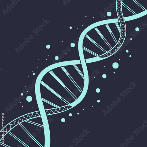 Illustration of a dna strand with a dark blue background and light blue dots