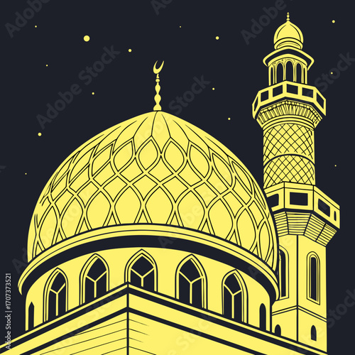 Illustration of a mosque with a minaret, dome, and crescent moon at night
