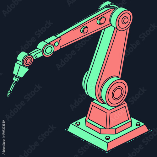 Illustration of a robotic arm with a drill, pastel colors on dark background