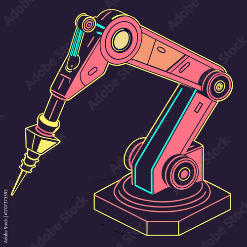 Illustration of a robotic arm with a drill, neon colors on dark background