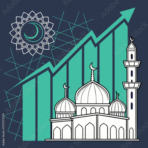 Islamic finance growth with mosque and chart, opportunity in halal investment