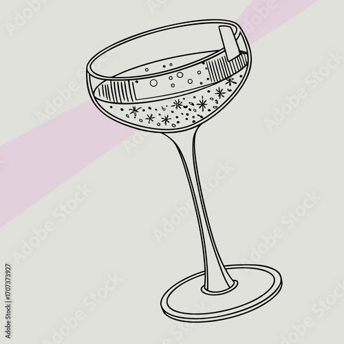 Stylish champagne coupe with sparkling stars on a light gray background