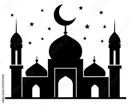 Silhouette of a mosque with a crescent moon and stars