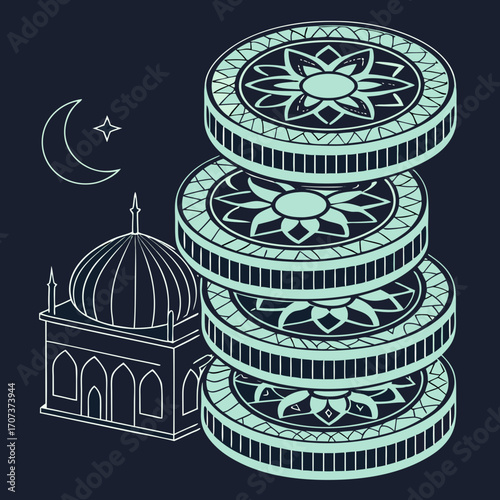 Stack of coins with mosque and crescent moon, symbolizing islamic finance