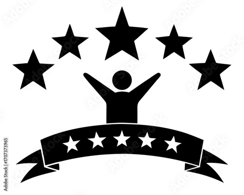 Silhouette of a person with arms raised surrounded by stars and a banner with stars