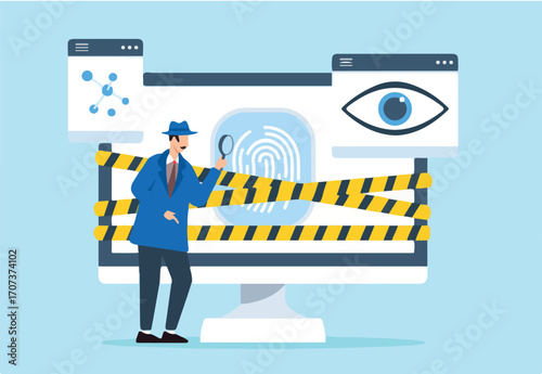 Flat illustration of detective overseeing digital forensics and investigating cyber crimes