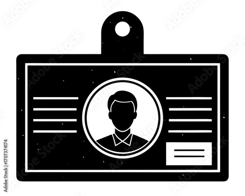 Silhouette of an identification badge with a mans portrait and lines for text