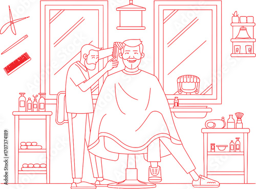 Man getting a haircut from a barber in a classic vintage style barbershop scene