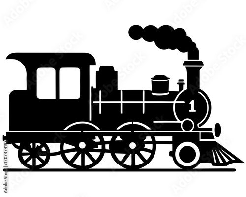Black silhouette of a vintage steam train with smoke