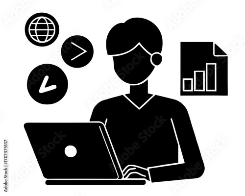 Person working on laptop with icons representing internet, time, and data