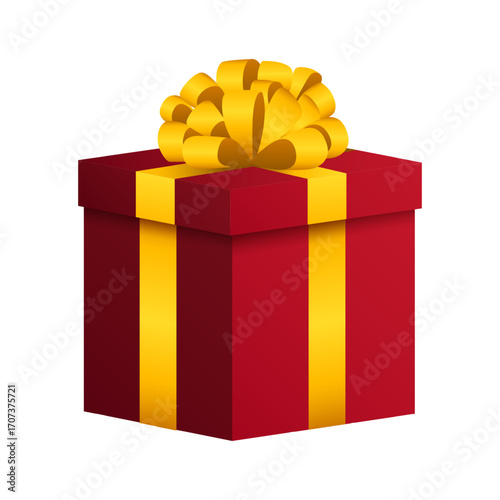 Vector illustration of red Gift Box with golden ribbon bow on transparent background