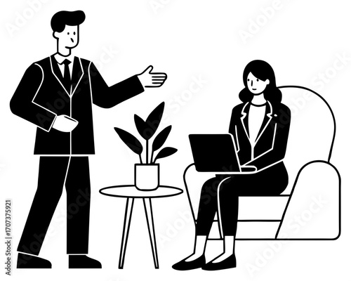 Wallpaper Mural Business meeting in office with laptop and plant, discussing work and strategy Torontodigital.ca