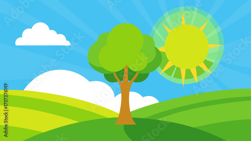 Sunny day with a tree and rolling green hills