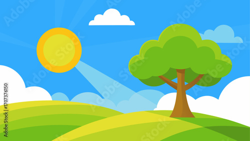 Sunny day with a tree on rolling green hills and clouds