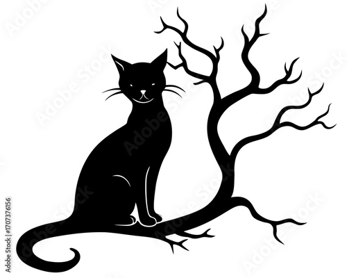 Black cat sitting on a tree branch