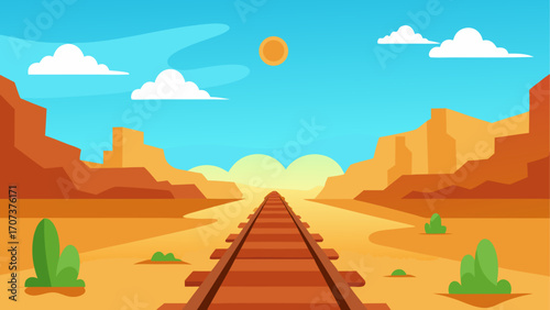 Desert landscape with train tracks and canyon walls