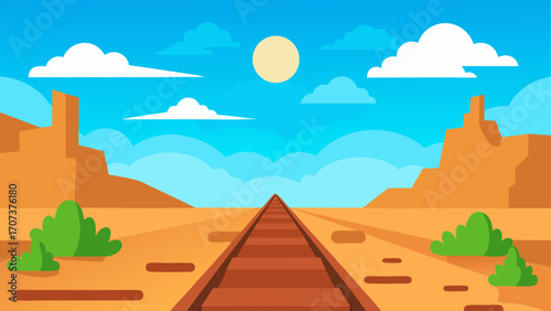 Desert railroad tracks leading to distant mesa under a bright sun