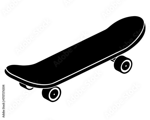 Black skateboard with white rimmed wheels, representing extreme sports