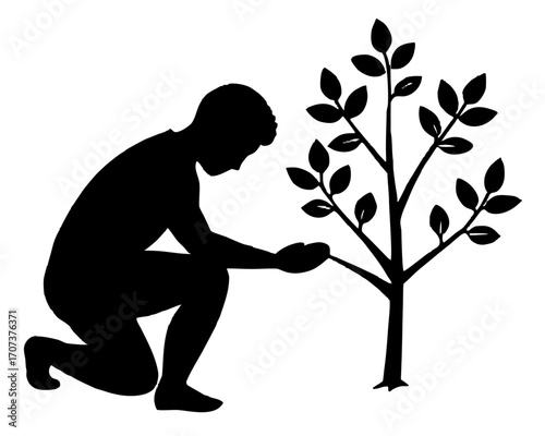 Silhouette of a person tending to a small tree