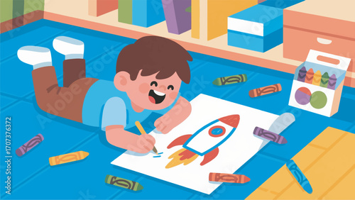 illustration of a boy lying on the floor drawing a rocket vector design template
