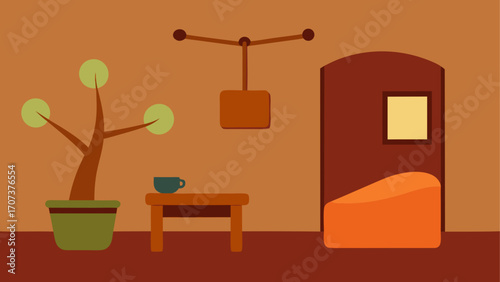 Cozy interior scene with plant cup and door