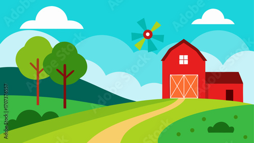 Vibrant flat design farm scene with barn and trees