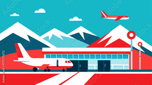 Modern airport terminal with airplanes and mountain backdrop