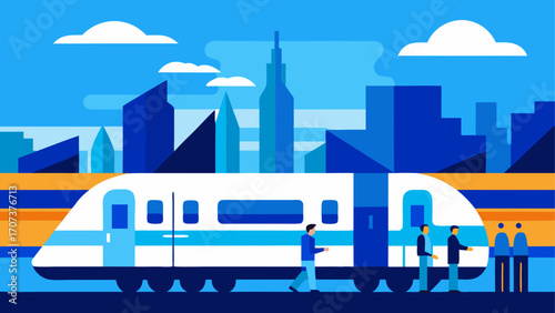 Modern cityscape with high speed train and passengers