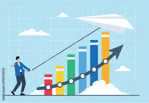 Innovative strategies, strategic agility, data-driven creativity, adapting to market changes concept vector illustration. Business analysts flying paper airplanes with financial charts