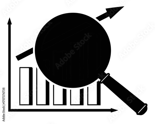 Magnifying glass over a bar chart showing upward trend