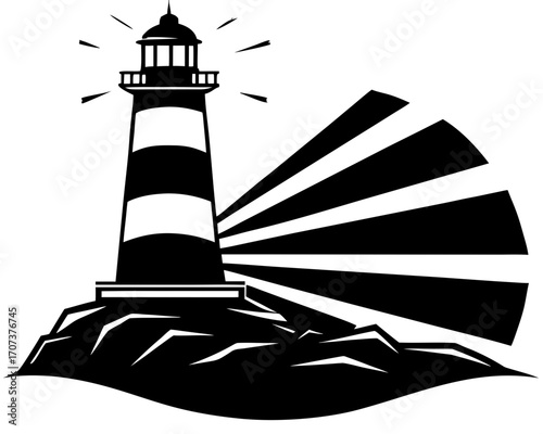 Black and white illustration of a lighthouse on a rocky shore with radiating light beams