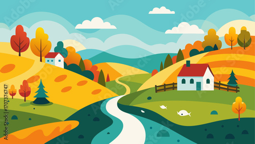 Vibrant autumn landscape with rolling hills and cozy houses