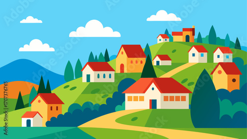 Charming village nestled on rolling green hills under a blue sky