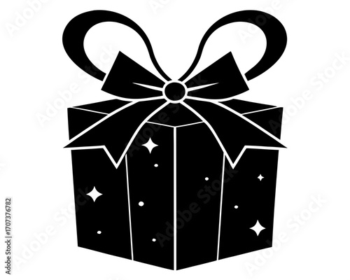 A festive gift box with a large bow and sparkling stars